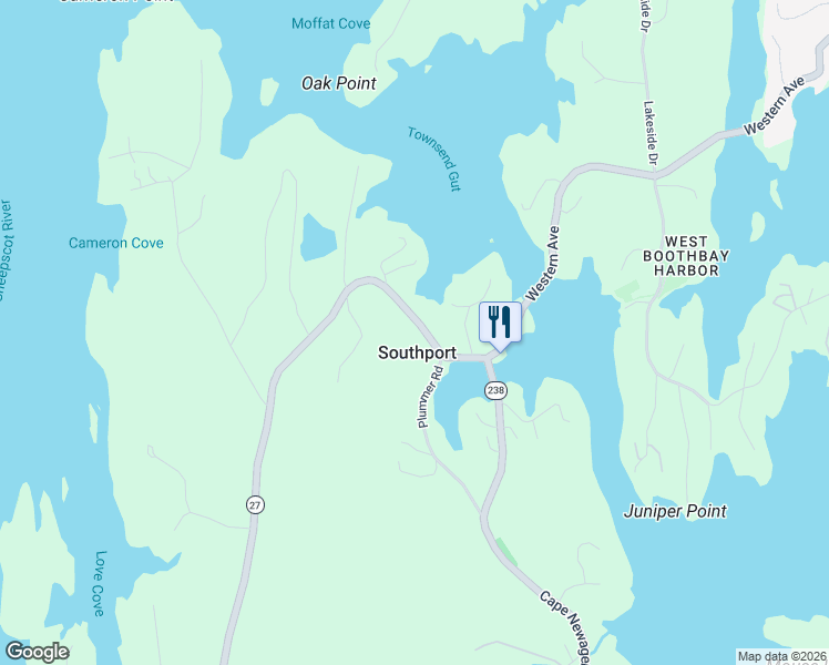 map of restaurants, bars, coffee shops, grocery stores, and more near 58 Maine 27 in Southport