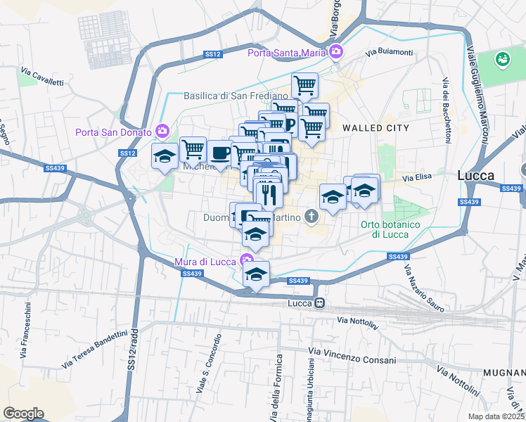 map of restaurants, bars, coffee shops, grocery stores, and more near 18 Via Roma in Lucca