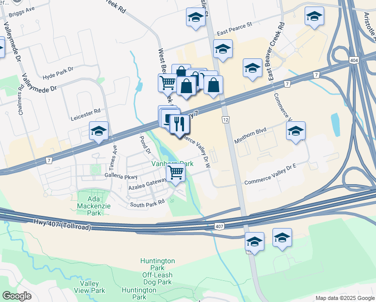 map of restaurants, bars, coffee shops, grocery stores, and more near 505 Highway 7 in Markham