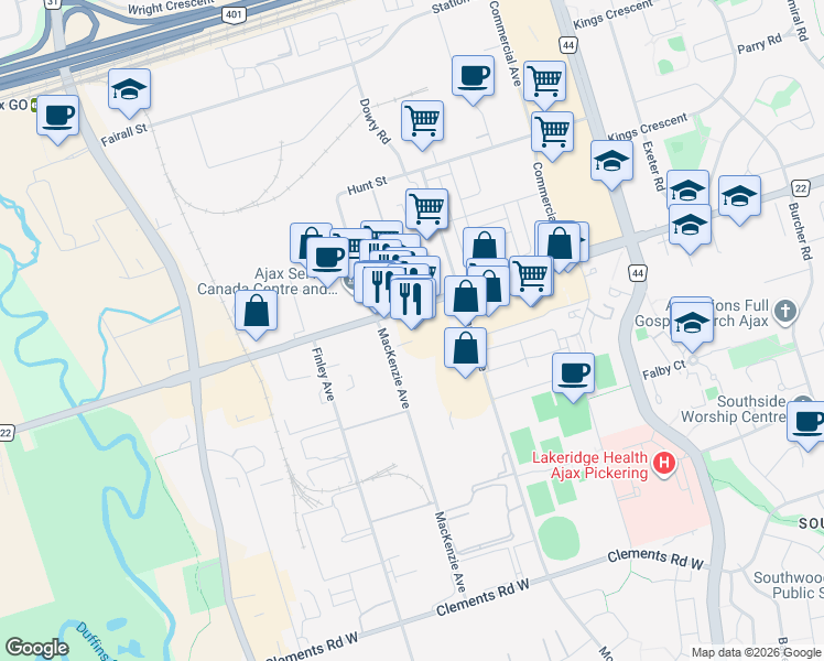 map of restaurants, bars, coffee shops, grocery stores, and more near 235 Bayly Street West in Ajax