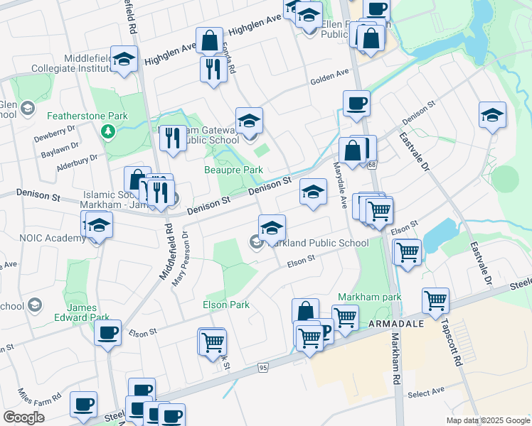 map of restaurants, bars, coffee shops, grocery stores, and more near 41 Coxworth Avenue in Markham