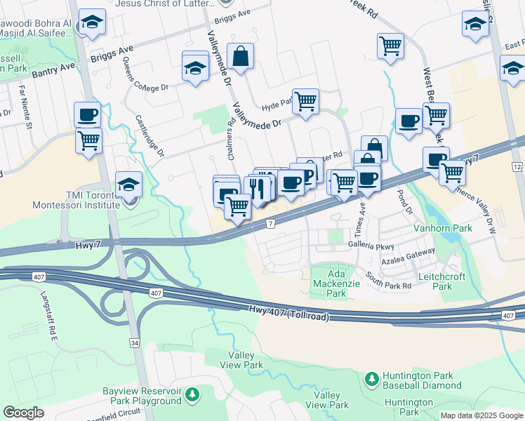 map of restaurants, bars, coffee shops, grocery stores, and more near 350 Highway 7 in Richmond Hill