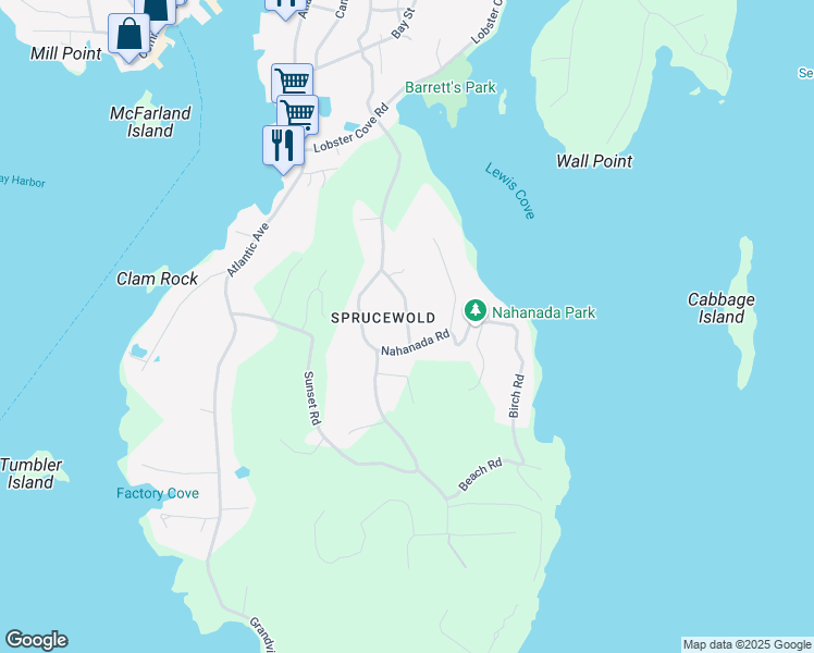 map of restaurants, bars, coffee shops, grocery stores, and more near 23 Bayberry Road in Boothbay Harbor