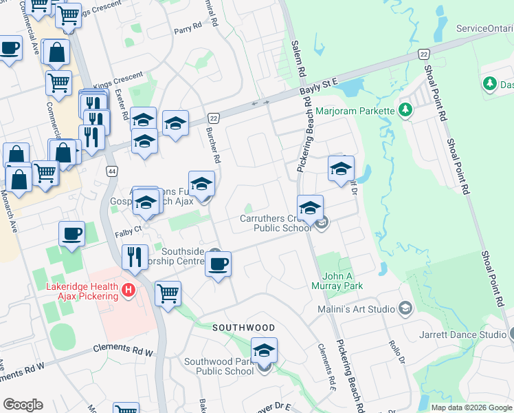 map of restaurants, bars, coffee shops, grocery stores, and more near 94 Hurley Road in Ajax