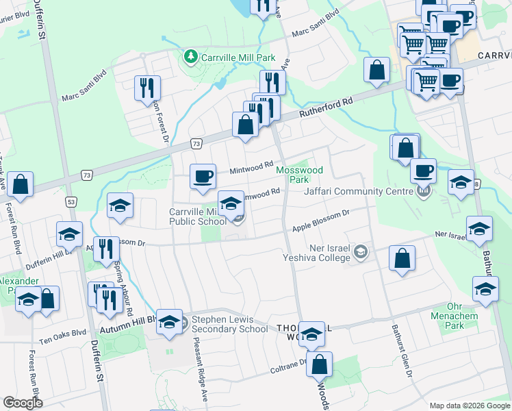 map of restaurants, bars, coffee shops, grocery stores, and more near 52 Balsamwood Road in Vaughan