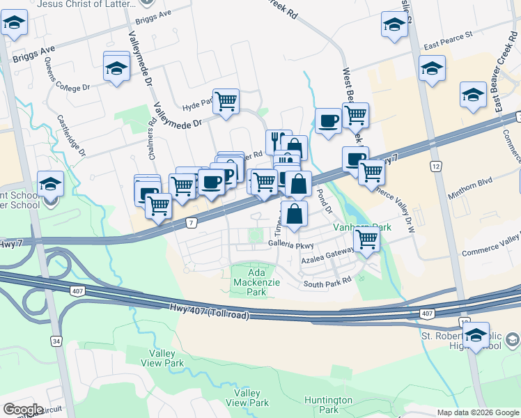 map of restaurants, bars, coffee shops, grocery stores, and more near 62 Suncrest Boulevard in Markham