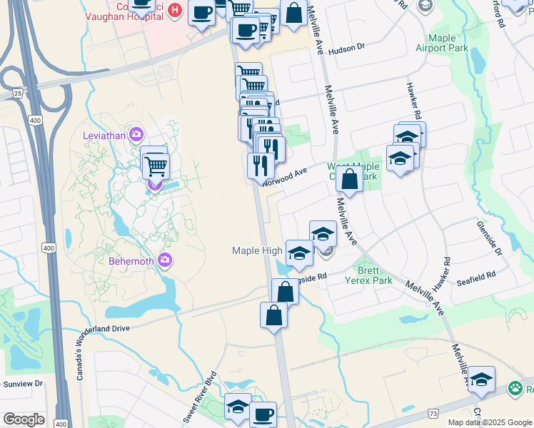 map of restaurants, bars, coffee shops, grocery stores, and more near in Vaughan