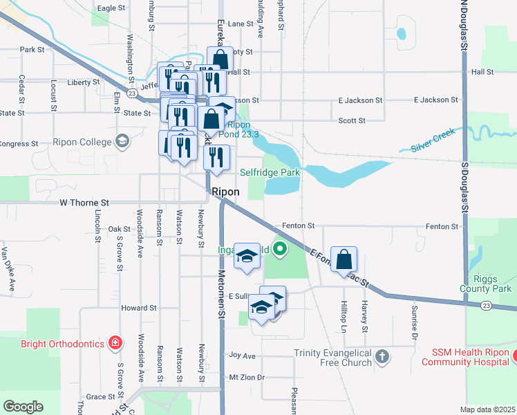 map of restaurants, bars, coffee shops, grocery stores, and more near 314 East Fond Du Lac Street in Ripon