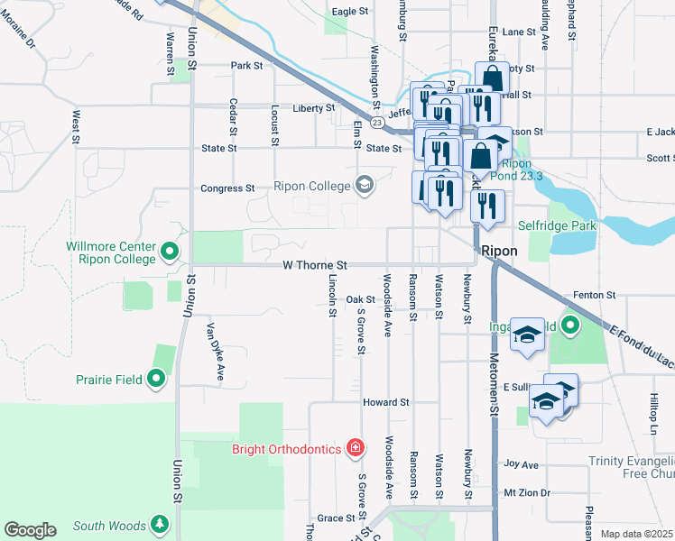 map of restaurants, bars, coffee shops, grocery stores, and more near 517 Lincoln Street in Ripon