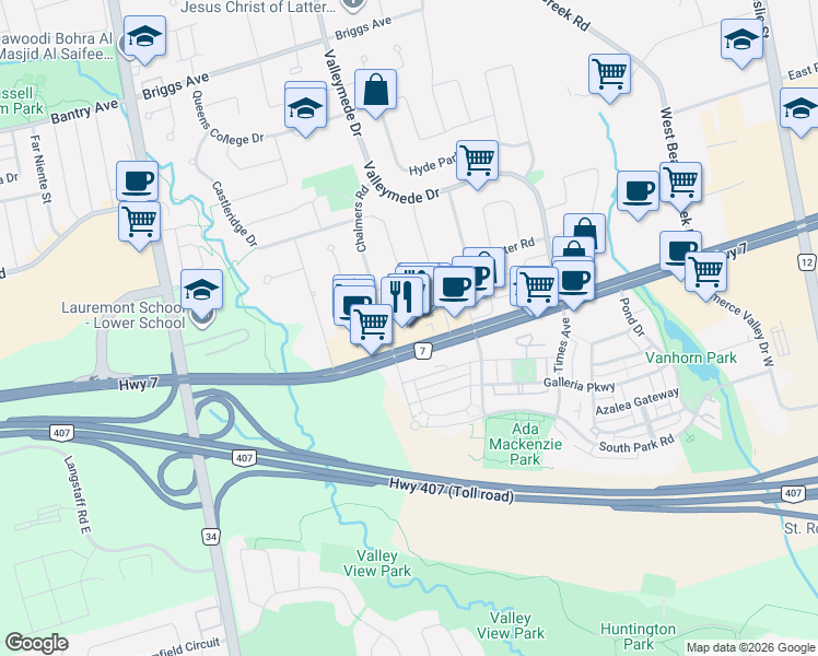 map of restaurants, bars, coffee shops, grocery stores, and more near 350 Highway 7 in Richmond Hill