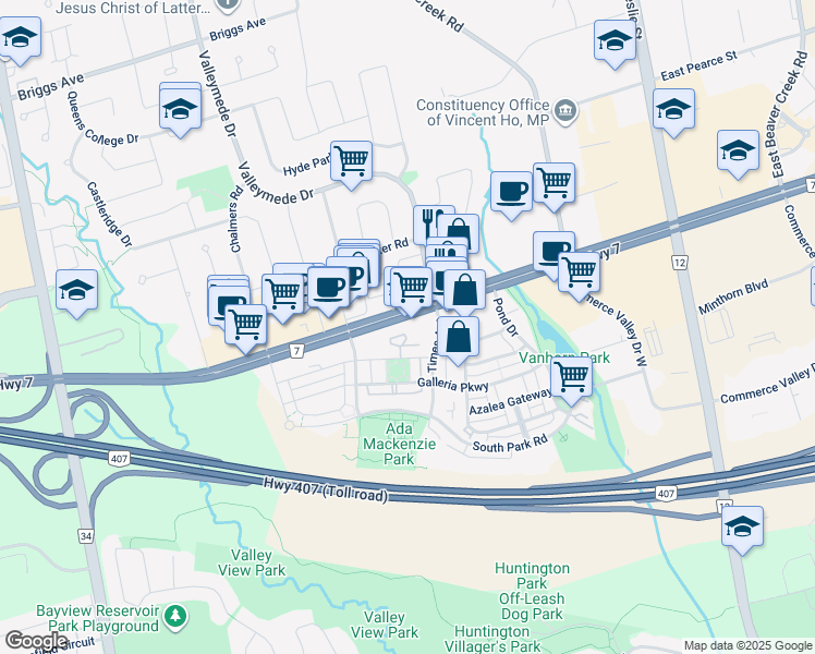 map of restaurants, bars, coffee shops, grocery stores, and more near 62 Suncrest Boulevard in Markham