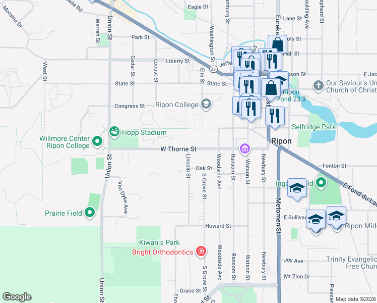 map of restaurants, bars, coffee shops, grocery stores, and more near 513 Lincoln Street in Ripon