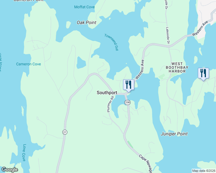 map of restaurants, bars, coffee shops, grocery stores, and more near 58 Maine 27 in Southport