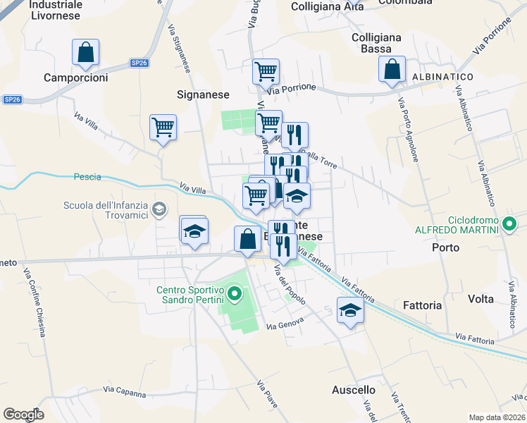 map of restaurants, bars, coffee shops, grocery stores, and more near 27 Via della Libertà in Ponte Buggianese