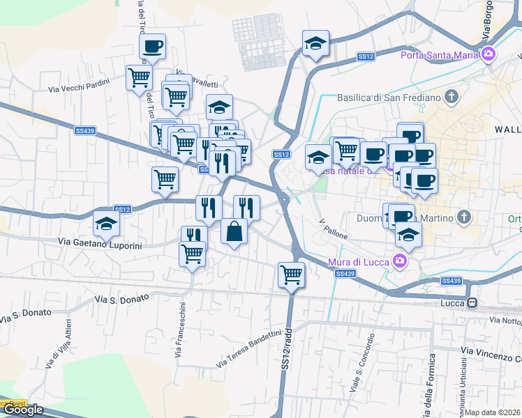 map of restaurants, bars, coffee shops, grocery stores, and more near 136 Via Gaetano Luporini in Lucca