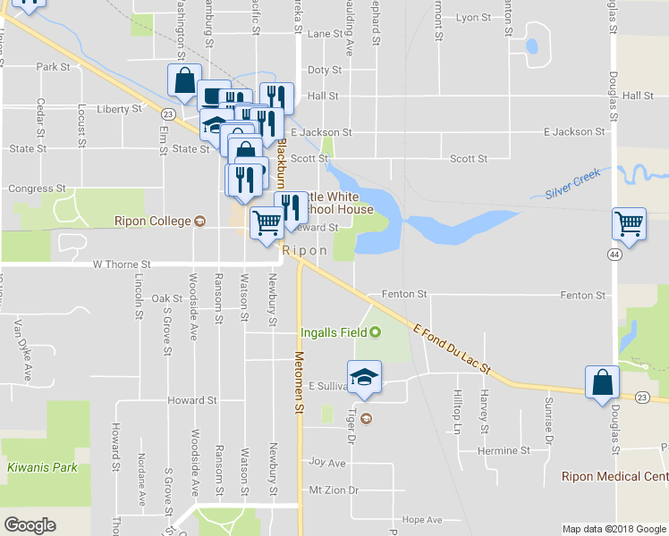 map of restaurants, bars, coffee shops, grocery stores, and more near 314 East Fond Du Lac Street in Ripon