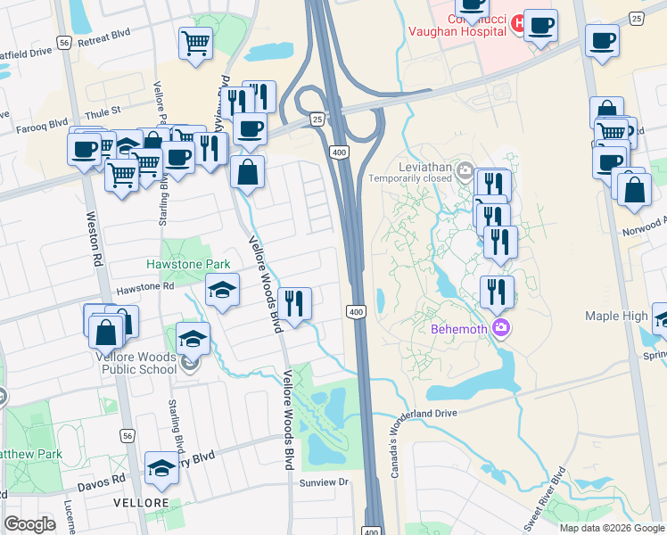 map of restaurants, bars, coffee shops, grocery stores, and more near 123 Wildberry Crescent in Vaughan