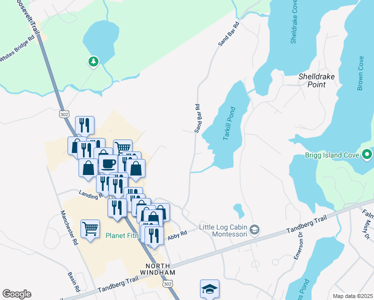 map of restaurants, bars, coffee shops, grocery stores, and more near 48 Sand Bar Road in Windham