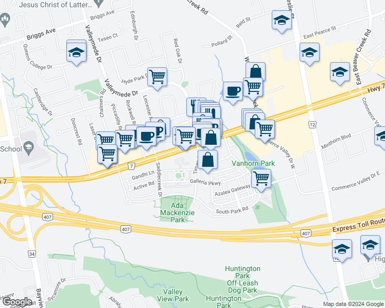 map of restaurants, bars, coffee shops, grocery stores, and more near in Richmond Hill