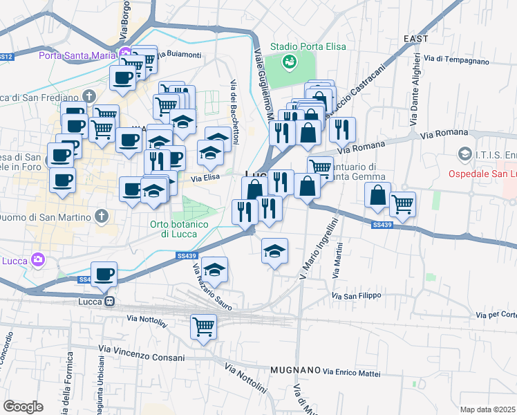 map of restaurants, bars, coffee shops, grocery stores, and more near 135 Viale Giovanni Pacini in Lucca