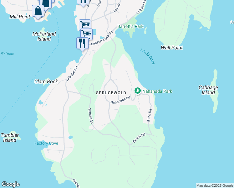 map of restaurants, bars, coffee shops, grocery stores, and more near 23 Bayberry Road in Boothbay Harbor