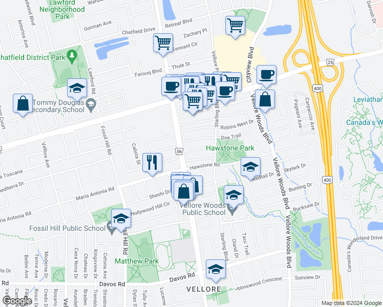 map of restaurants, bars, coffee shops, grocery stores, and more near 94 Destino Crescent in Vaughan