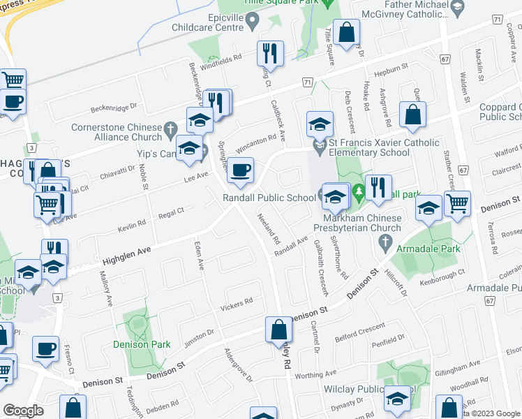 map of restaurants, bars, coffee shops, grocery stores, and more near 57 Neeland Road in Markham