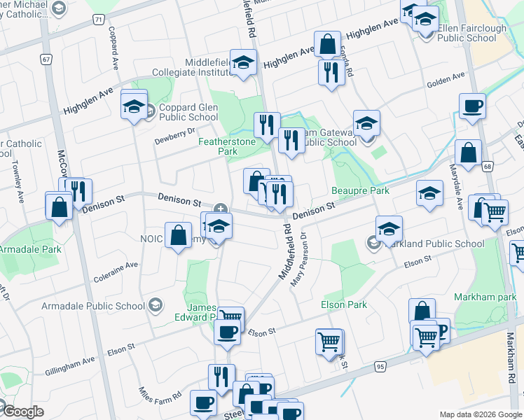 map of restaurants, bars, coffee shops, grocery stores, and more near 2832 Denison Street in Markham