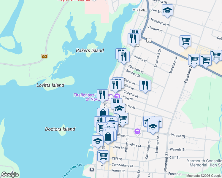 map of restaurants, bars, coffee shops, grocery stores, and more near 149 Water Street in Yarmouth