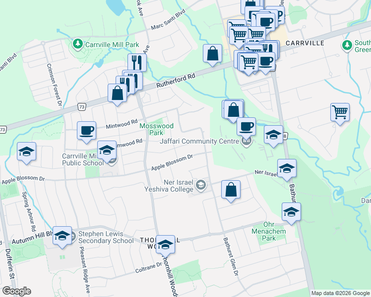 map of restaurants, bars, coffee shops, grocery stores, and more near 102 Serene Way in Vaughan