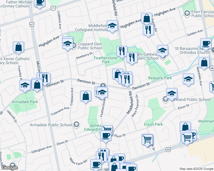 map of restaurants, bars, coffee shops, grocery stores, and more near Denison Street & Featherstone Avenue in Markham
