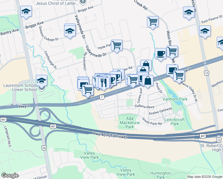 map of restaurants, bars, coffee shops, grocery stores, and more near 370 Highway 7 in Richmond Hill