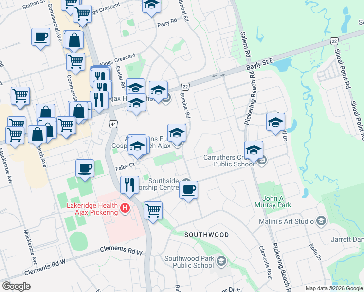 map of restaurants, bars, coffee shops, grocery stores, and more near 95 Burcher Road in Ajax