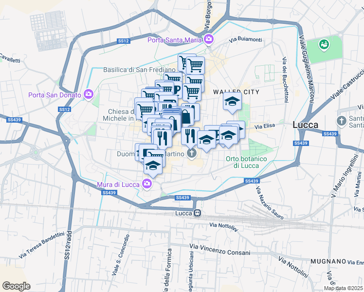 map of restaurants, bars, coffee shops, grocery stores, and more near 8 Piazza Bernardini in Lucca