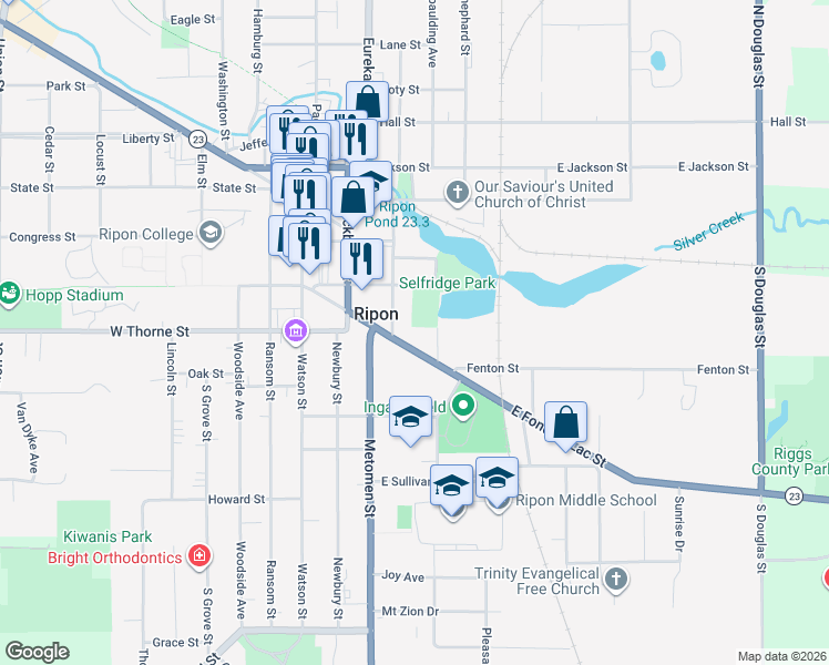 map of restaurants, bars, coffee shops, grocery stores, and more near 314 East Fond Du Lac Street in Ripon