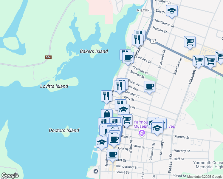 map of restaurants, bars, coffee shops, grocery stores, and more near 150 Water Street in Yarmouth
