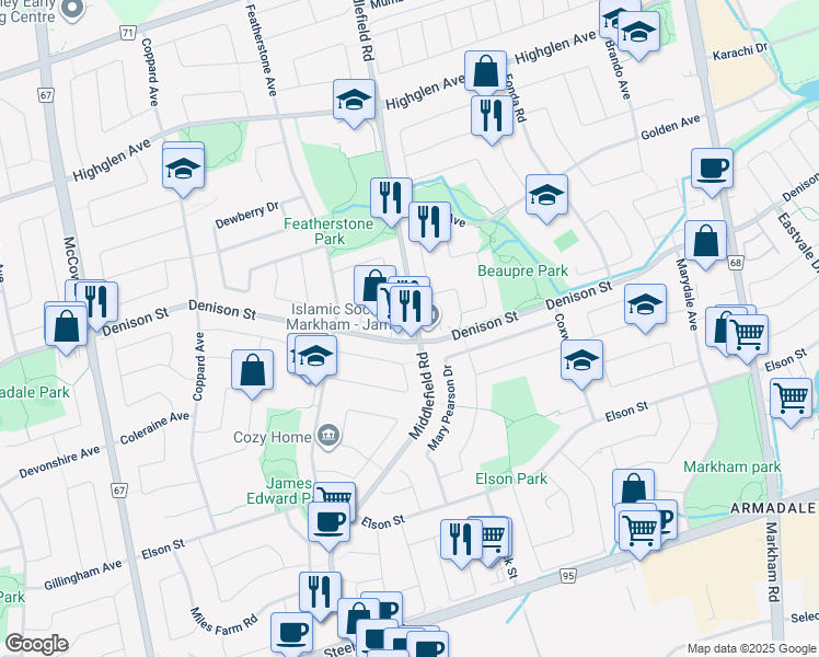map of restaurants, bars, coffee shops, grocery stores, and more near in Markham
