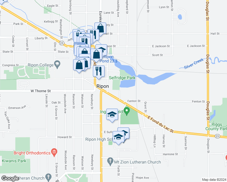 map of restaurants, bars, coffee shops, grocery stores, and more near 314 East Fond Du Lac Street in Ripon
