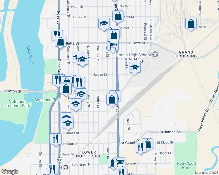 map of restaurants, bars, coffee shops, grocery stores, and more near 1318 Kane Street in La Crosse