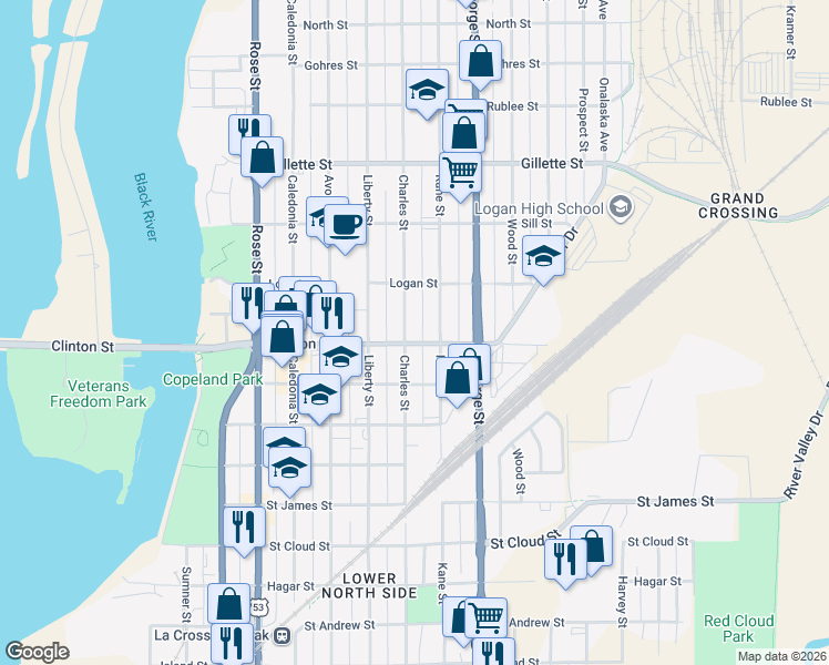 map of restaurants, bars, coffee shops, grocery stores, and more near 1322 Charles Street in La Crosse