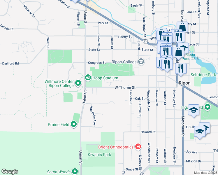 map of restaurants, bars, coffee shops, grocery stores, and more near 719 West Thorne Street in Ripon