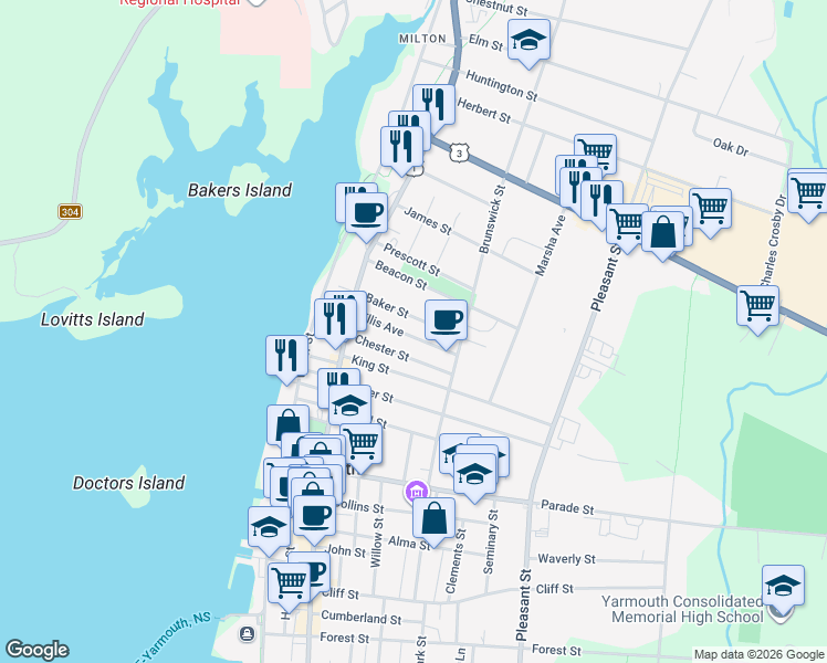 map of restaurants, bars, coffee shops, grocery stores, and more near Baker Street in Yarmouth