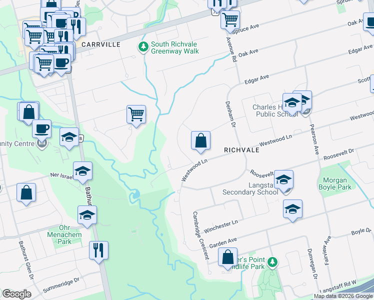 map of restaurants, bars, coffee shops, grocery stores, and more near 7 Maryvale Crescent in Richmond Hill