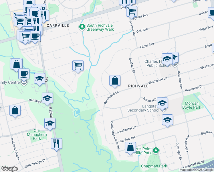 map of restaurants, bars, coffee shops, grocery stores, and more near 7 Maryvale Crescent in Richmond Hill