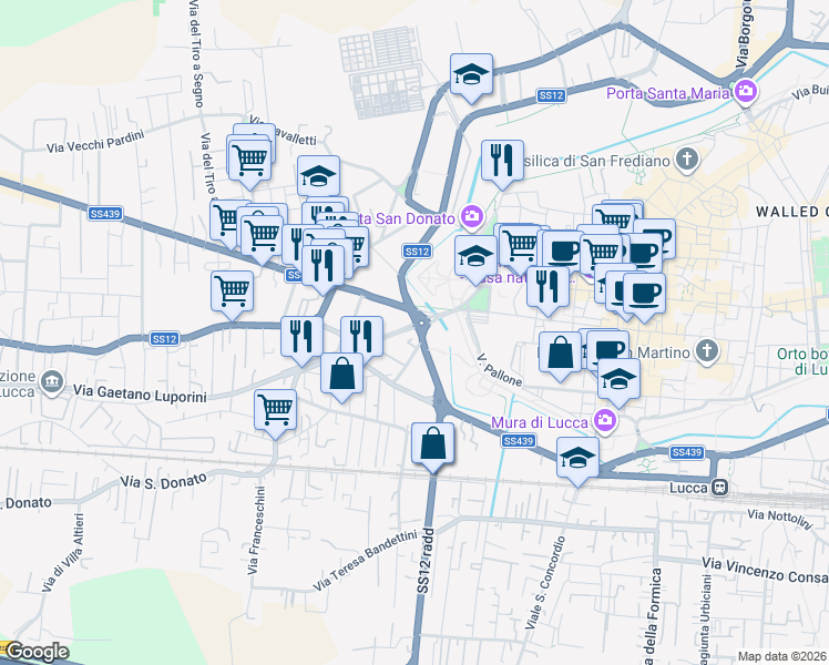 map of restaurants, bars, coffee shops, grocery stores, and more near 3 Viale Lazzaro Papi in Lucca