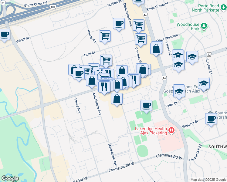 map of restaurants, bars, coffee shops, grocery stores, and more near 75 Bayly Street West in Ajax