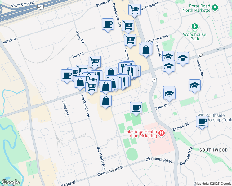 map of restaurants, bars, coffee shops, grocery stores, and more near 105 Bayly Street West in Ajax