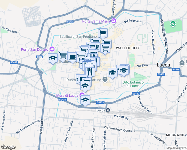 map of restaurants, bars, coffee shops, grocery stores, and more near 18 Via Roma in Lucca
