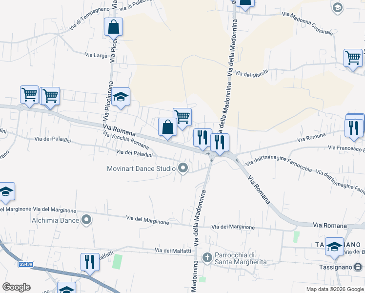 map of restaurants, bars, coffee shops, grocery stores, and more near 739 Via Fonda in Lucca