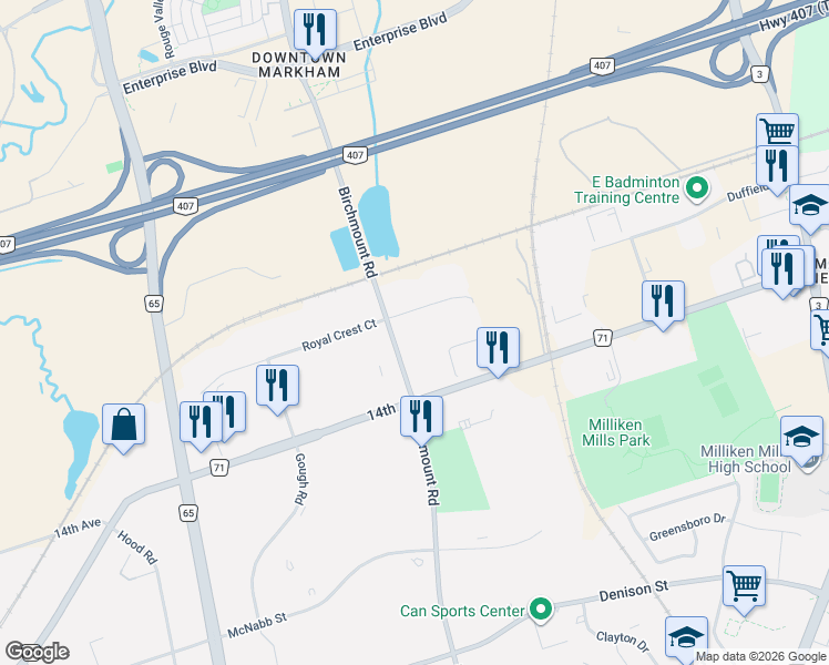 map of restaurants, bars, coffee shops, grocery stores, and more near 7755 Birchmount Road in Markham